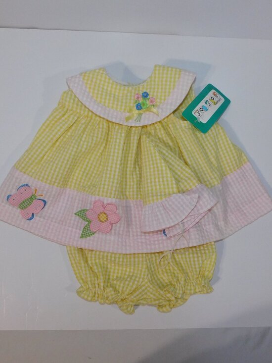 Jo Joe Fashion Other - VTG Jo Joe Fashion Yellow Pink Sleeveless Dress Diaper cover & Hat NEW Butterfly